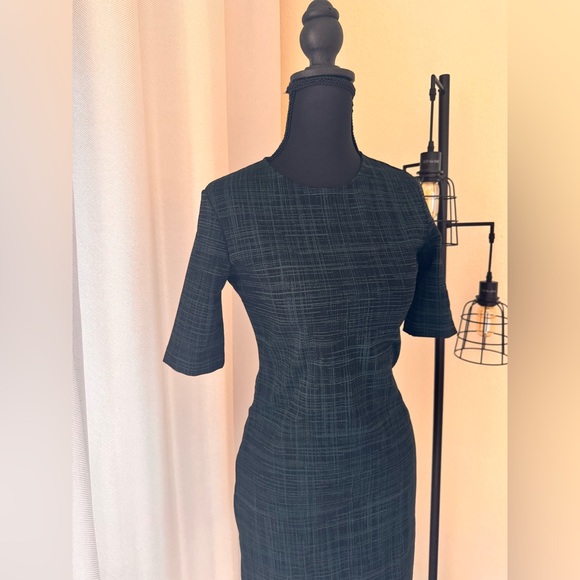 Theory Dress Women's 0 Green Black Crosshatch Rijik Short Sleeve Sheath Stretch - Picture 4 of 8